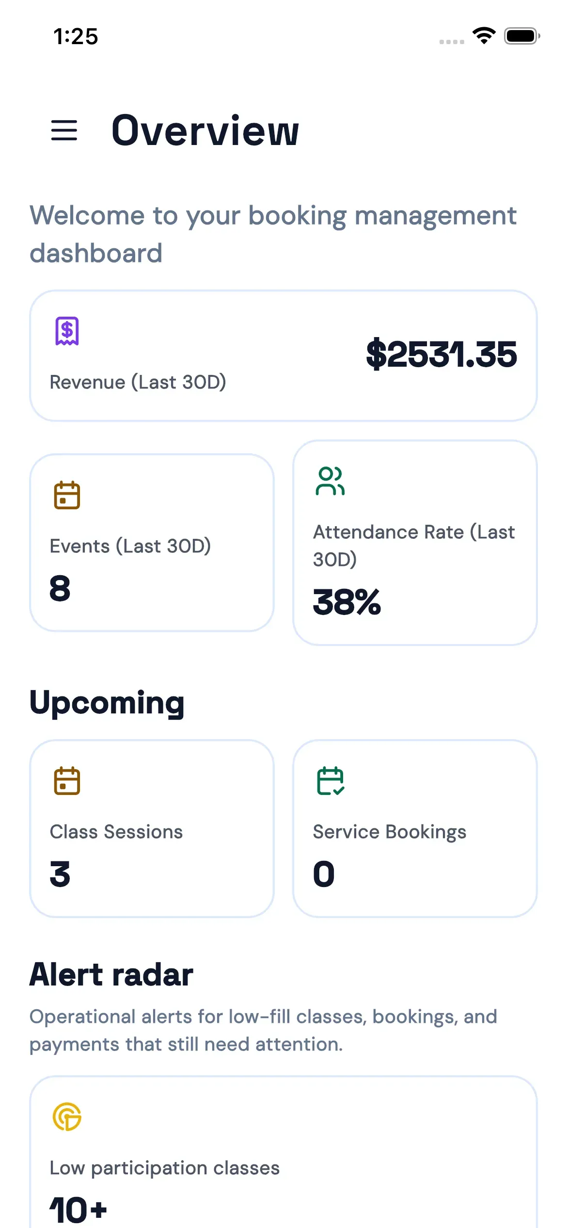 Bookjor admin app screenshot showing dashboard revenue, attendance, upcoming sessions, and alerts