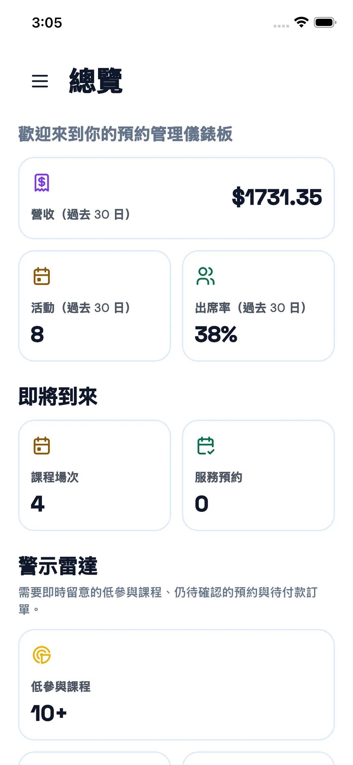 Bookjor admin app screenshot showing dashboard revenue, attendance, upcoming sessions, and alerts