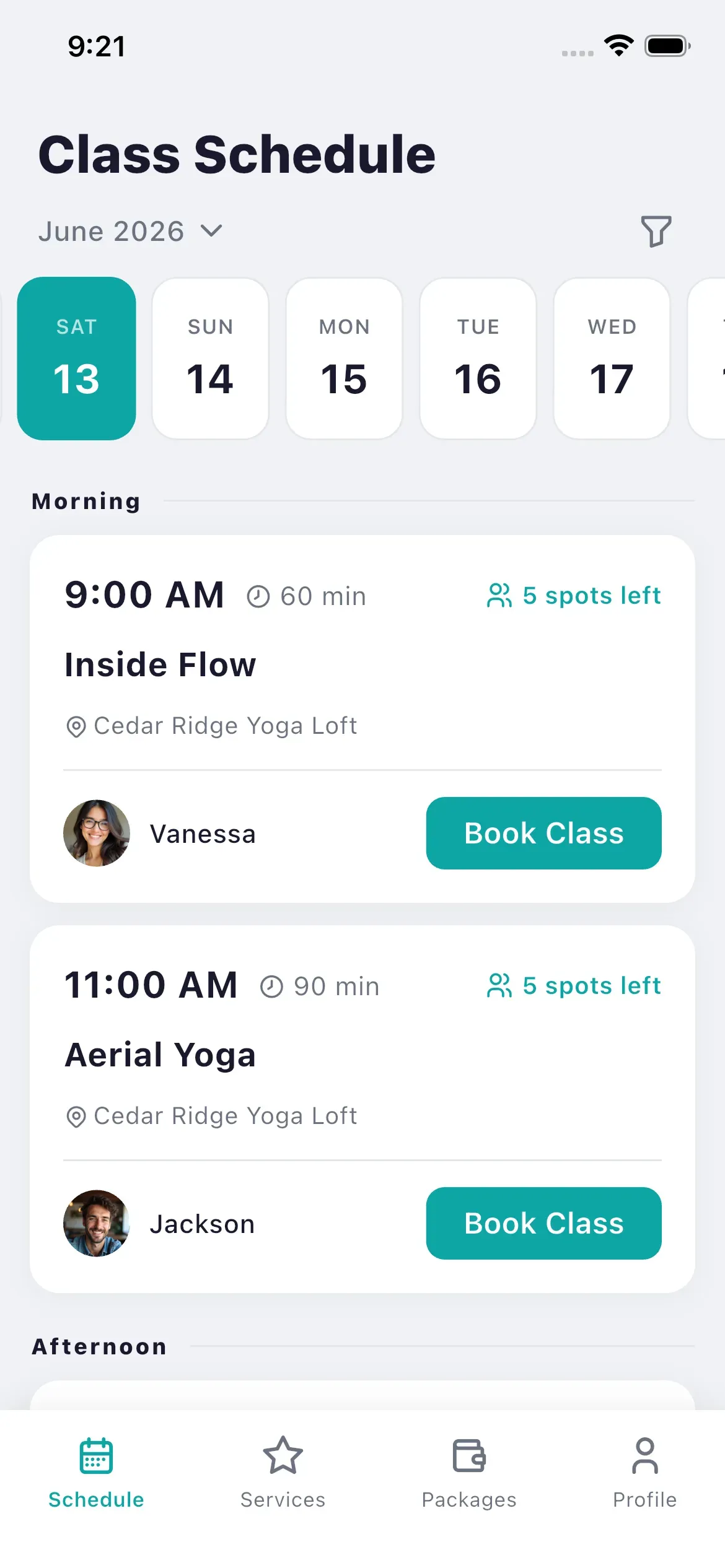 Bookjor client app screenshot showing the class schedule and instant booking