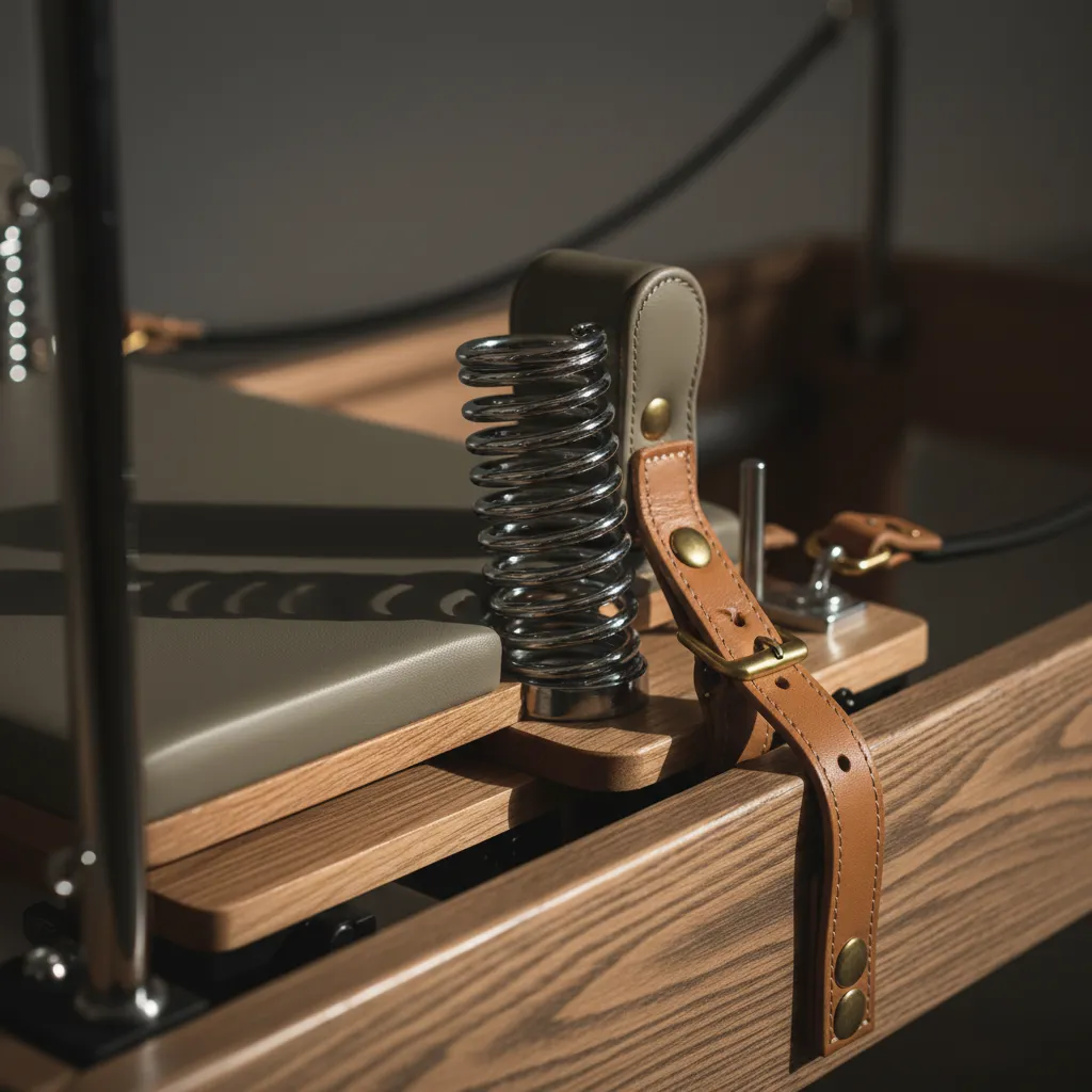 Close-up of high-end Pilates reformer equipment with leather straps and polished springs