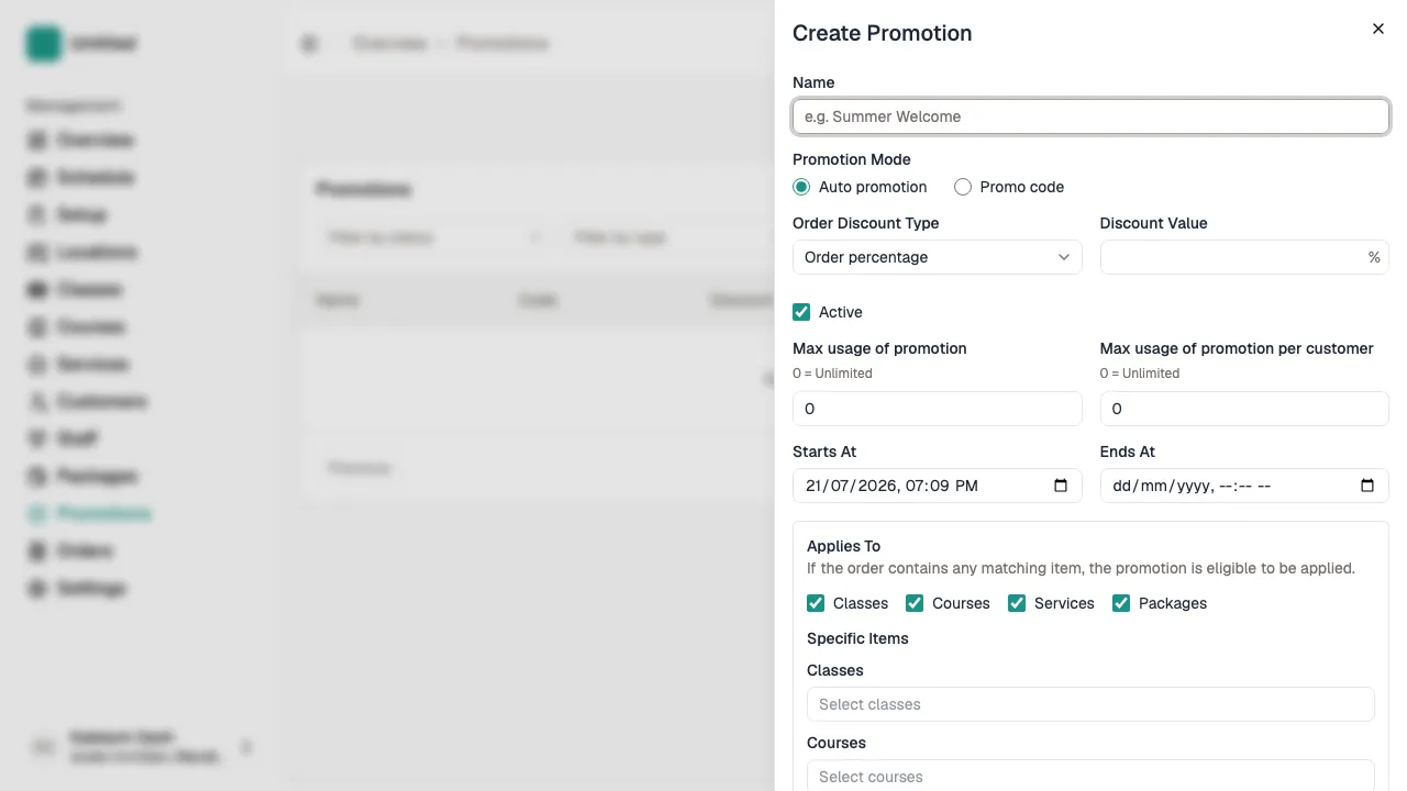 Add Promotion sheet open on the Promotions page