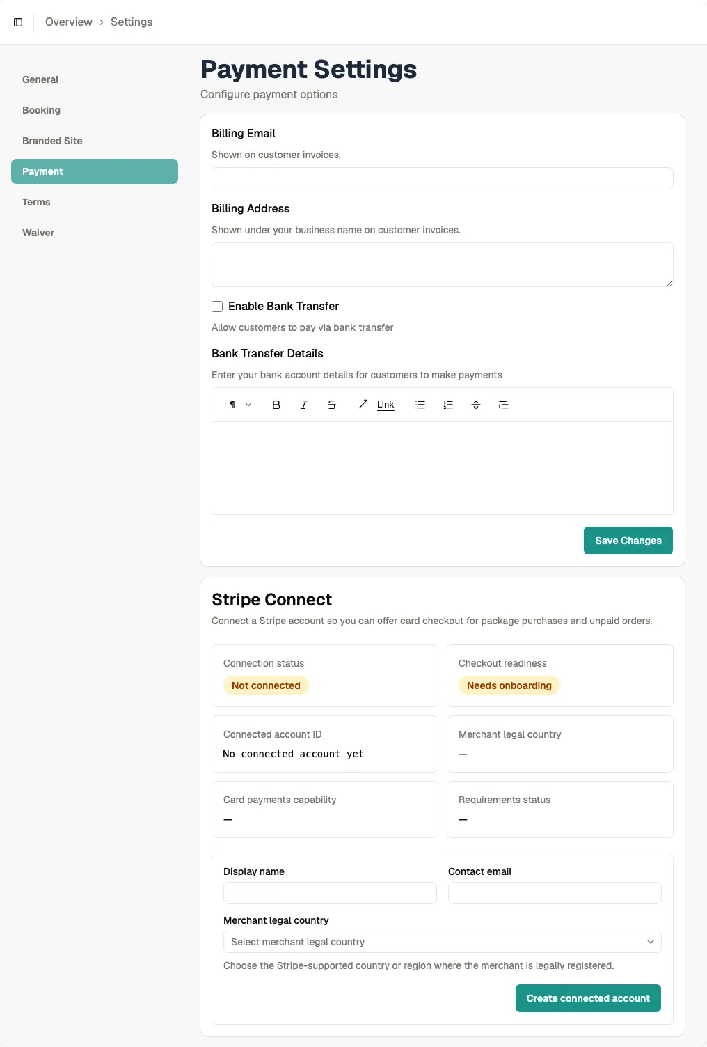 Stripe Connect account status page