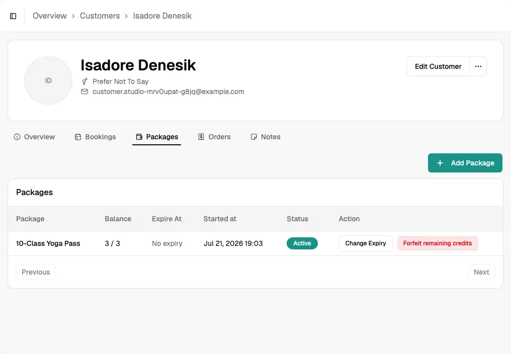 Customer Packages tab