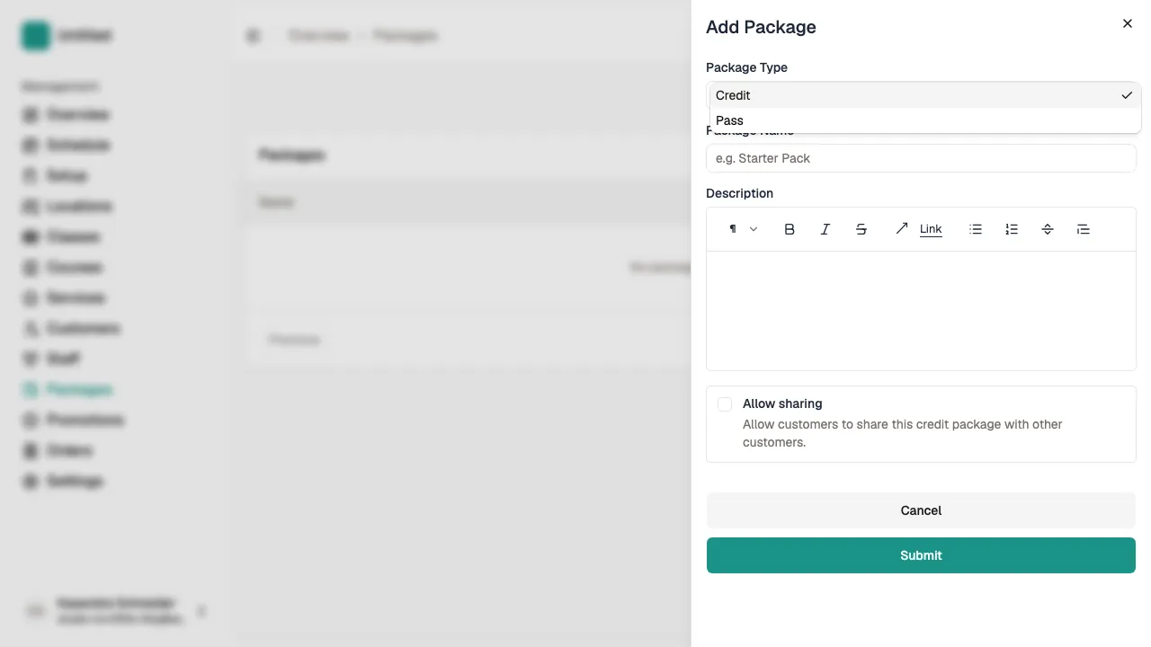 Add Package sheet with Credit and Pass options