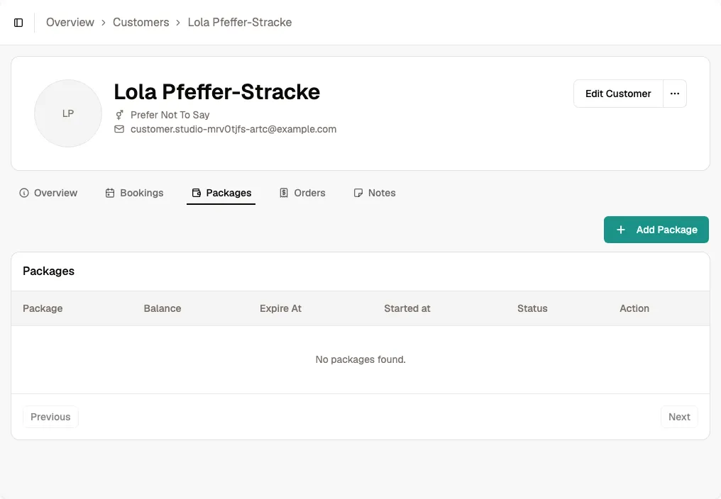 Customer Packages tab with the Add Package action