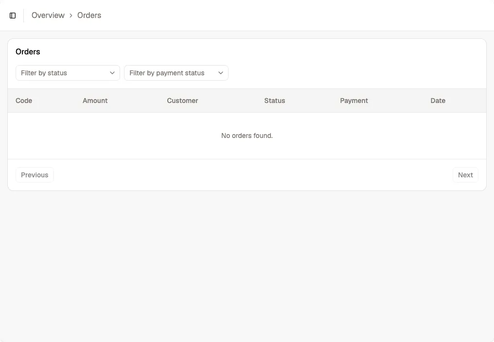 Orders list page