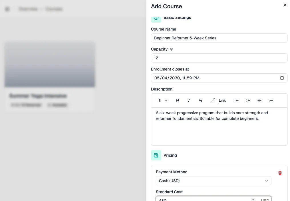 Add Course form with name, capacity, enrollment close time, and description filled in