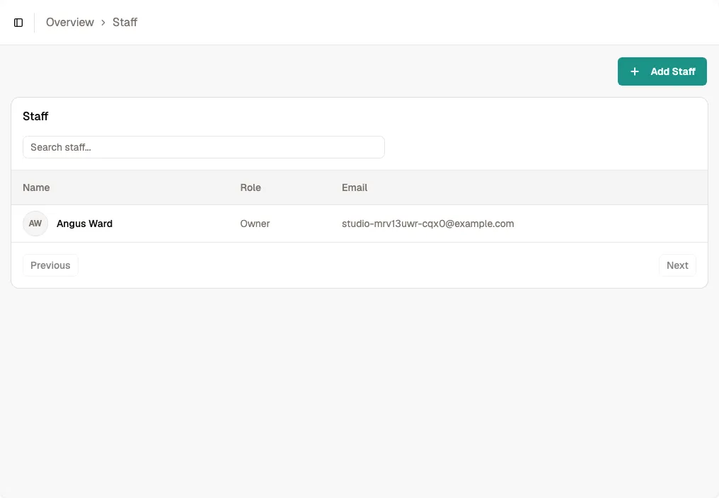 Add Staff button in the top-right corner of the staff page