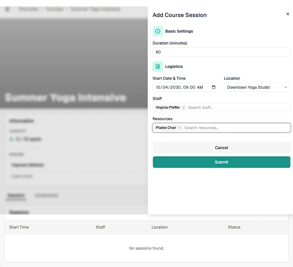 Add Course Session form with duration, start date and time, location, staff, and resources filled in