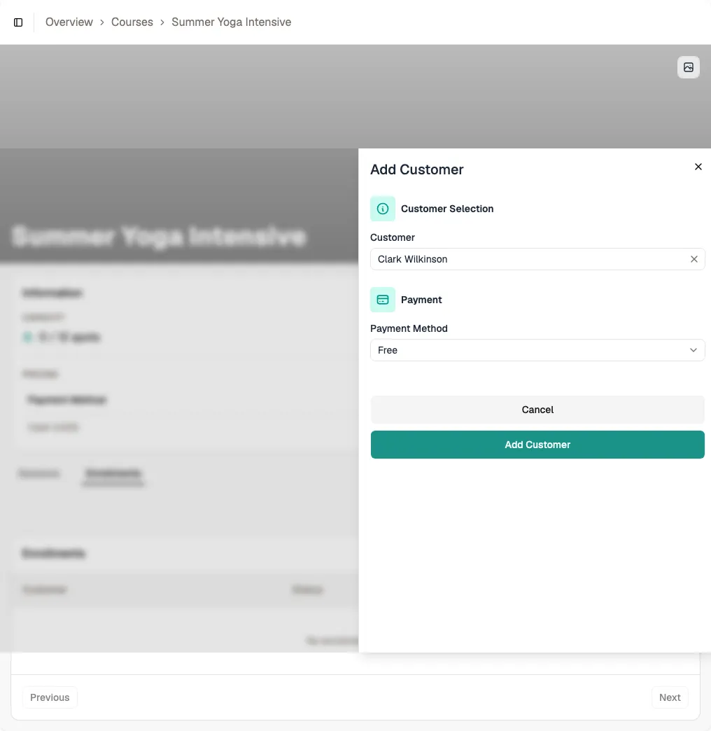 Enrollments tab with the Add Customer panel open and a customer selected