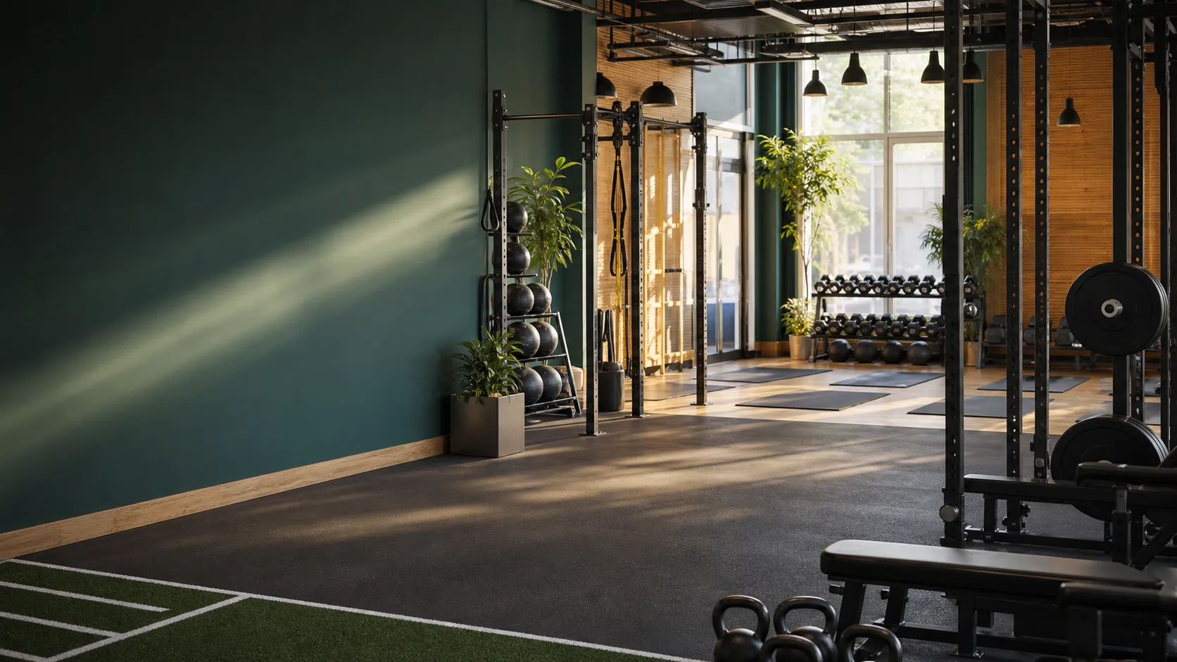 Modern fitness center prepared for group training classes and personal training sessions