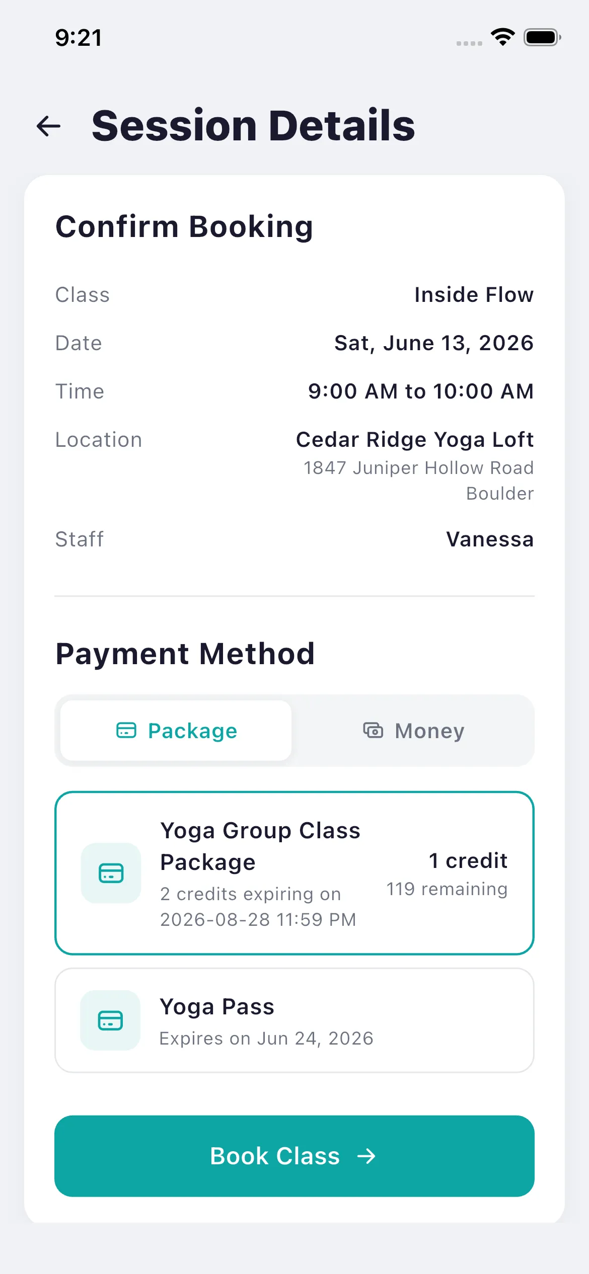 Bookjor Client App booking confirmation with package payment method