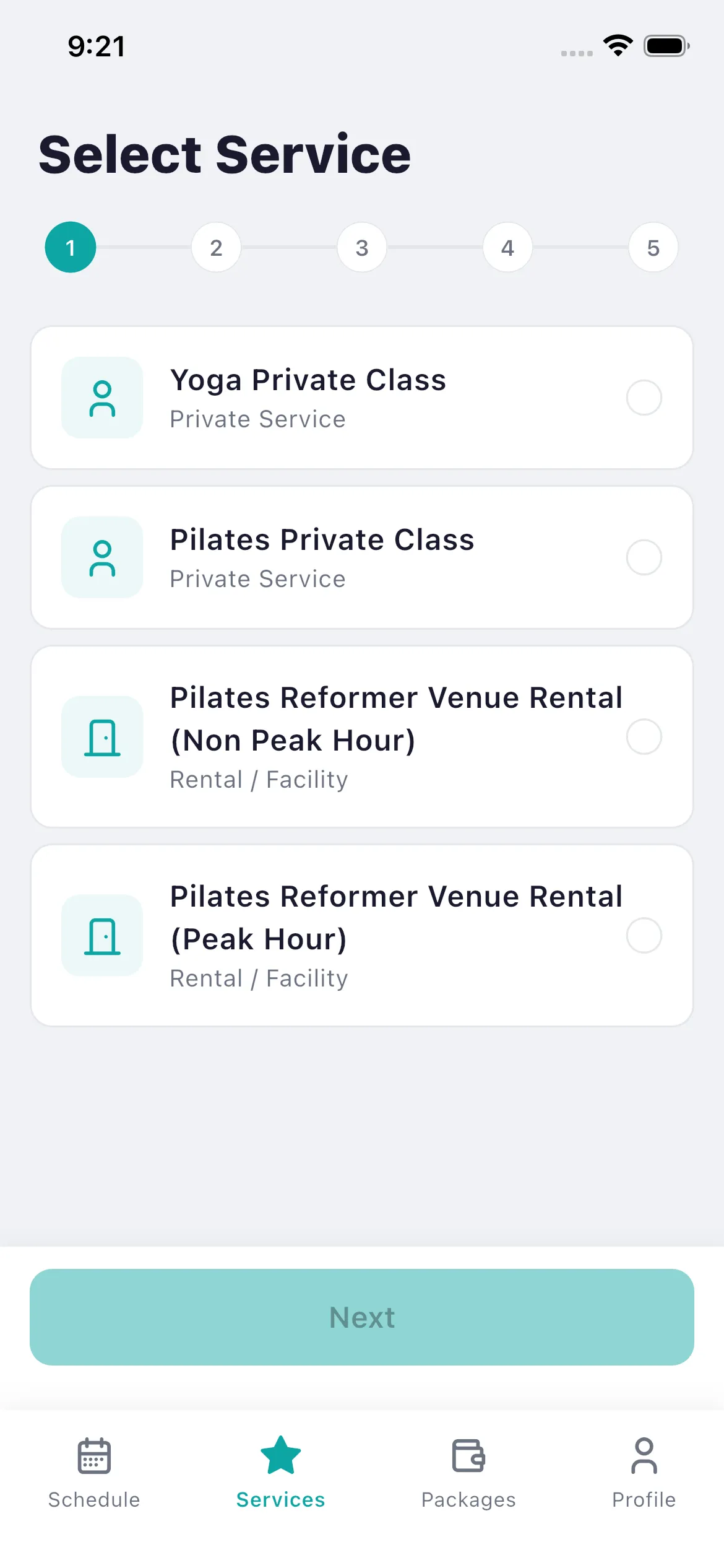 Bookjor Client App service flow step one selecting private class or rental service