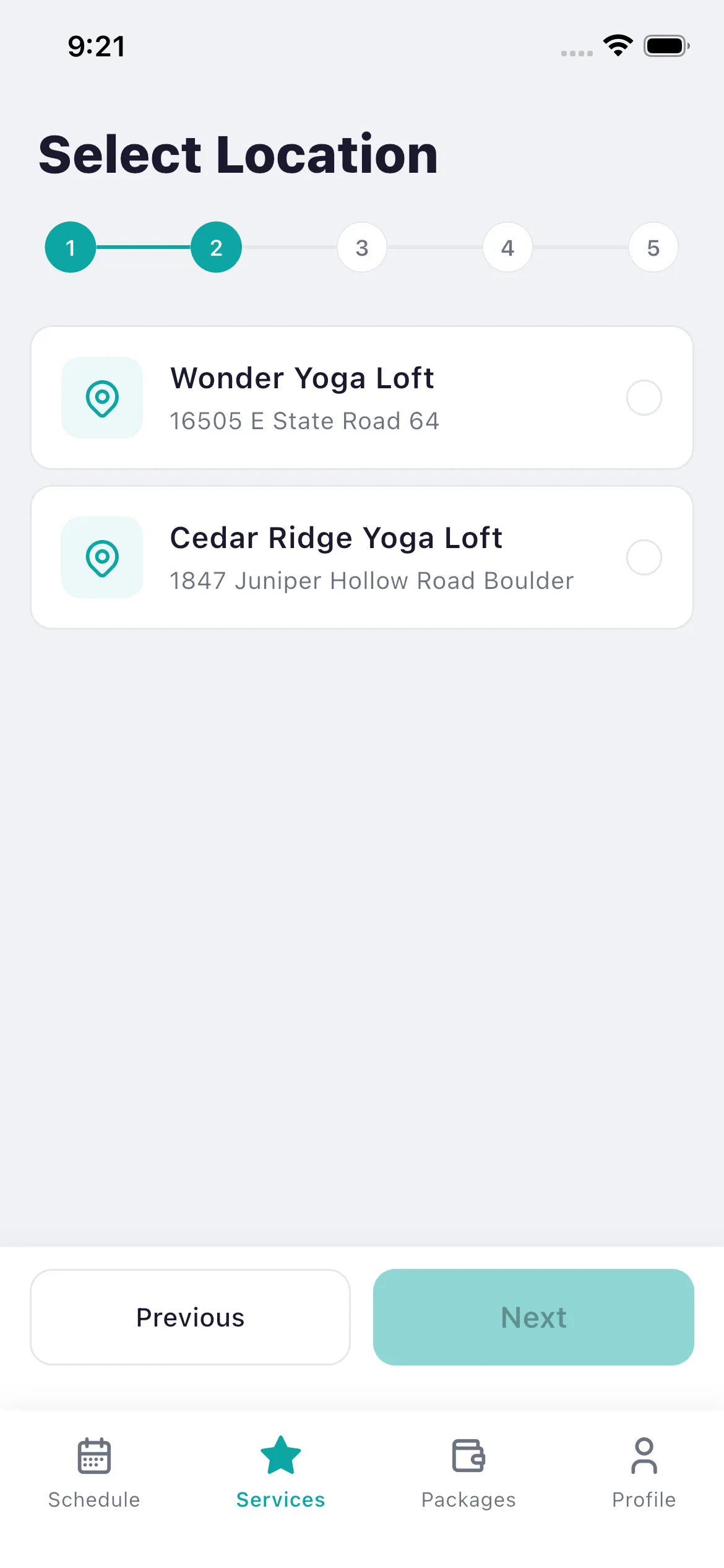 Bookjor Client App service flow step two selecting studio location