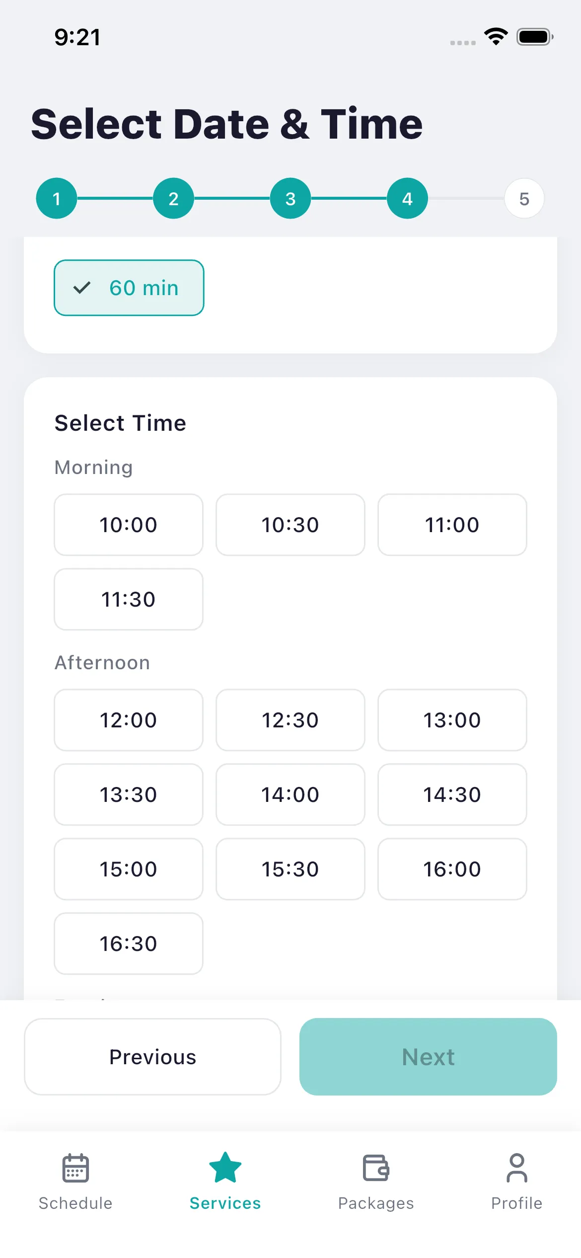 Bookjor Client App service flow step four selecting date, duration, and time slots