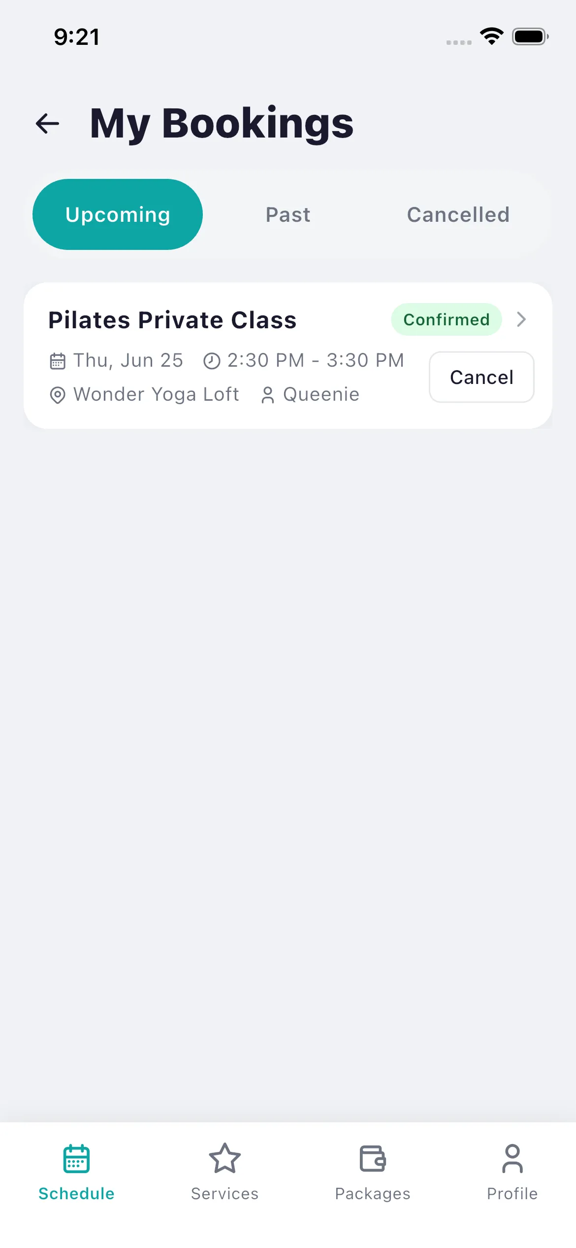 Bookjor Client App my bookings list with confirmed upcoming Pilates private class