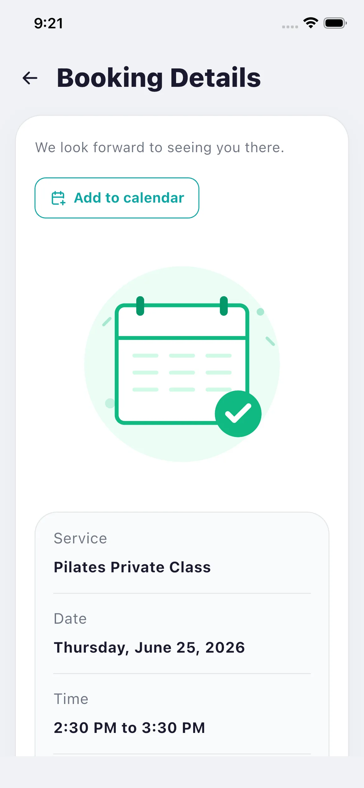 Bookjor Client App booking details with add to calendar and session summary