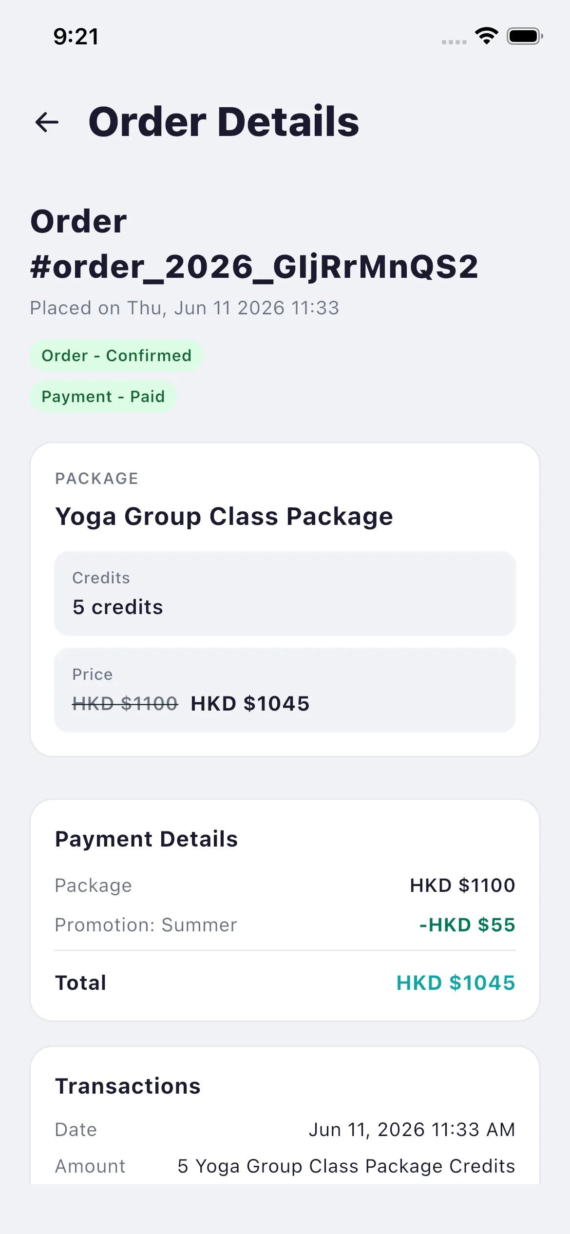 Bookjor Client App order details with credits, promotion, total, and transaction history
