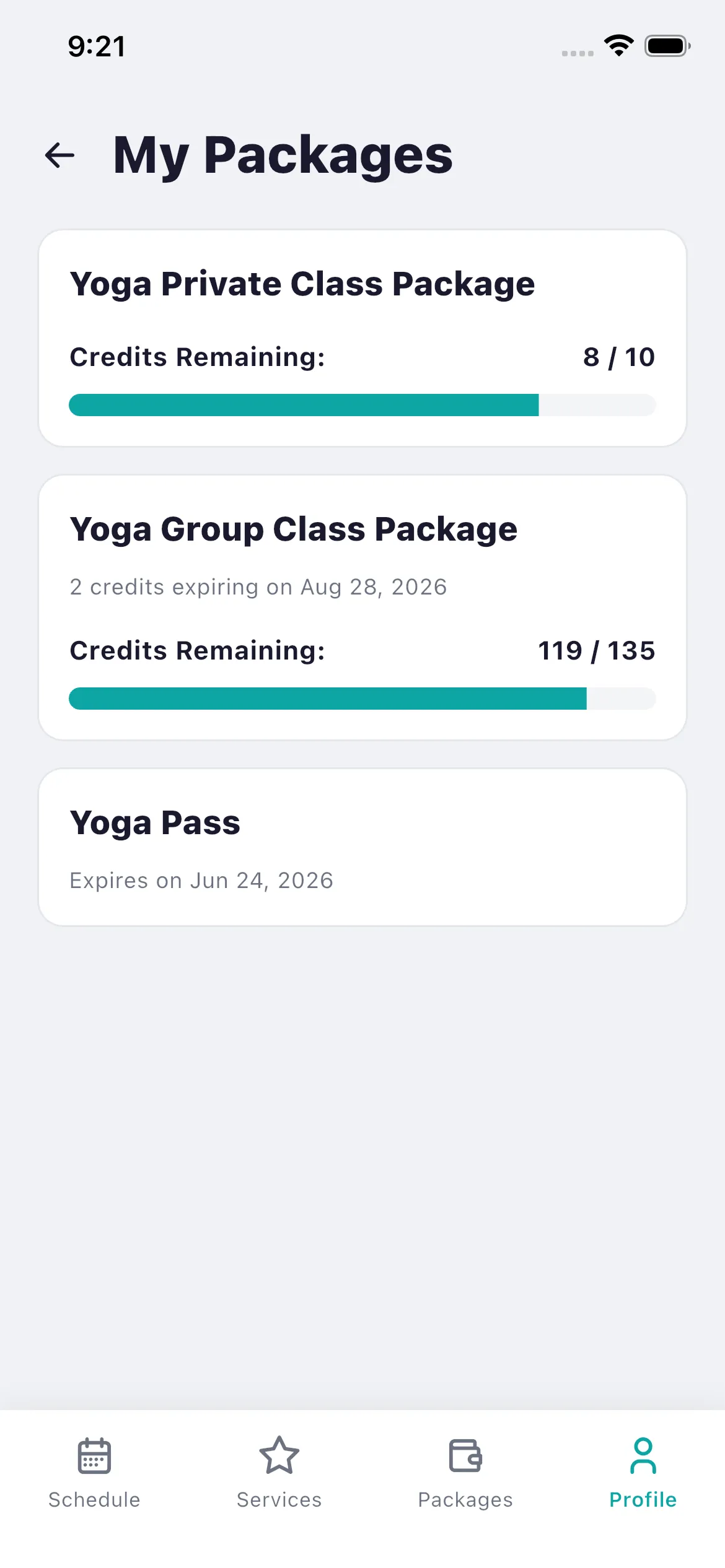 Bookjor Client App package wallet showing remaining credits