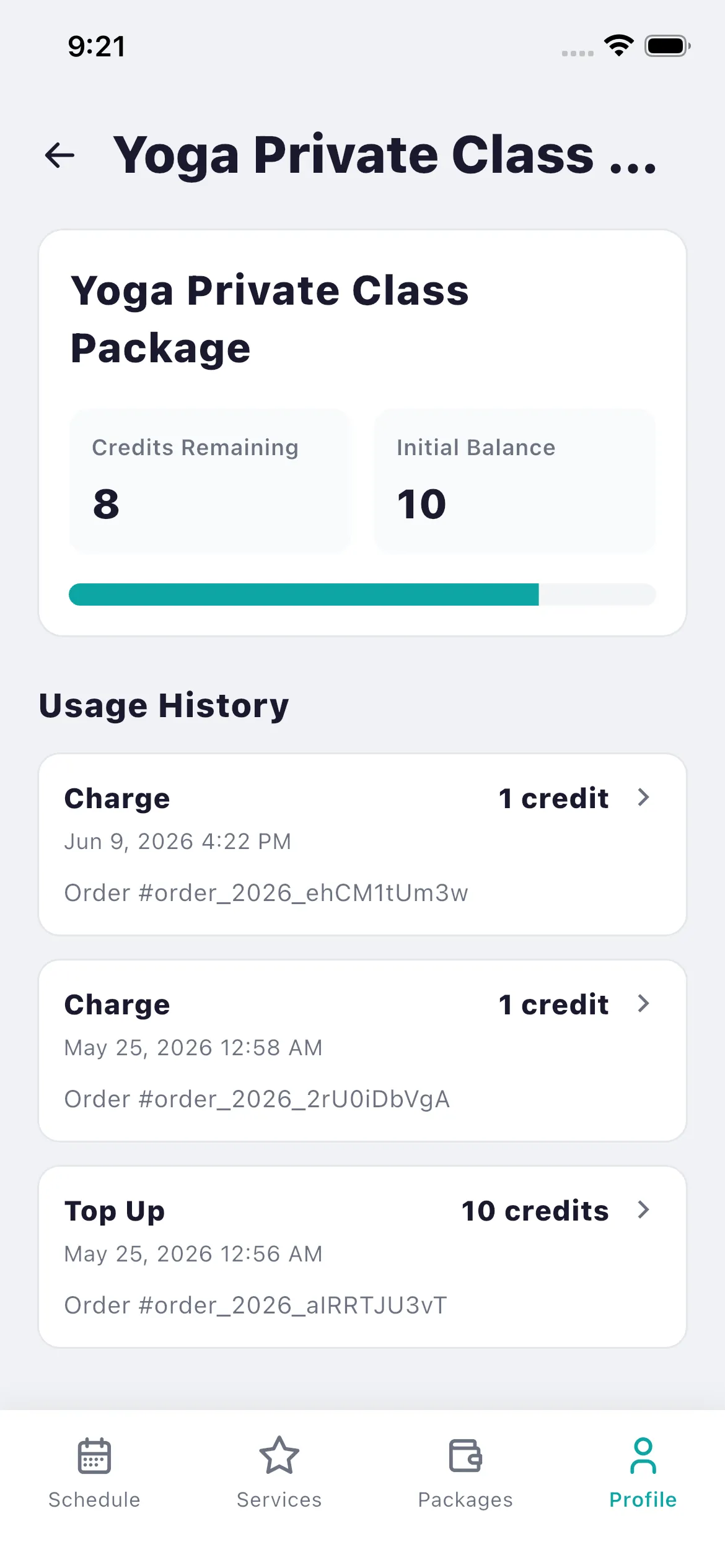 Bookjor Client App package detail with remaining balance and usage history