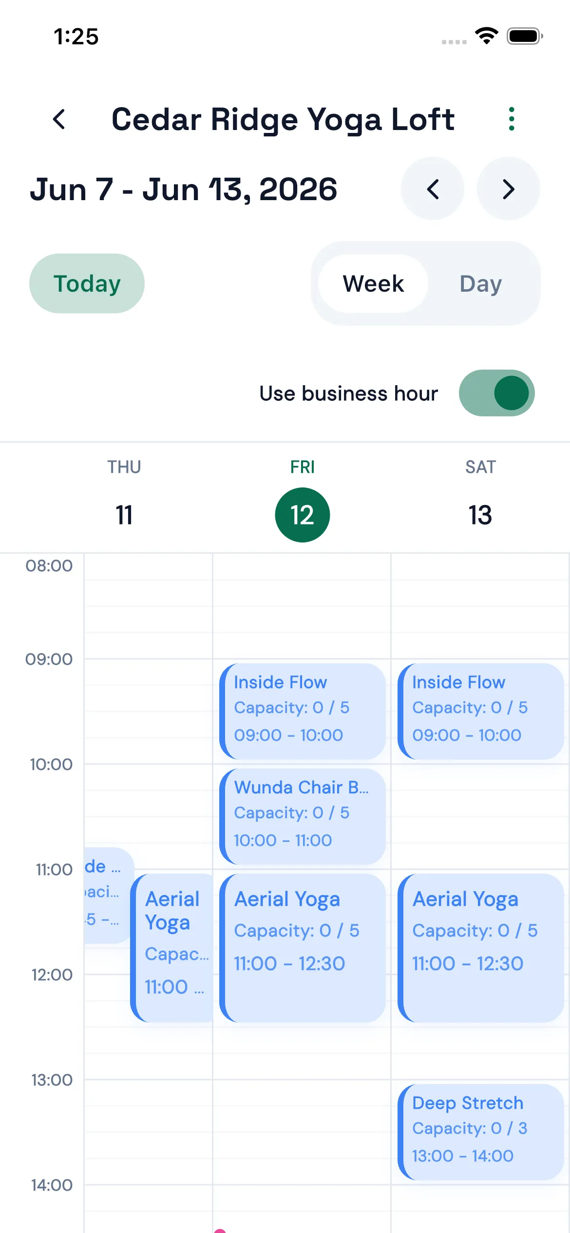 Bookjor Admin App weekly schedule view