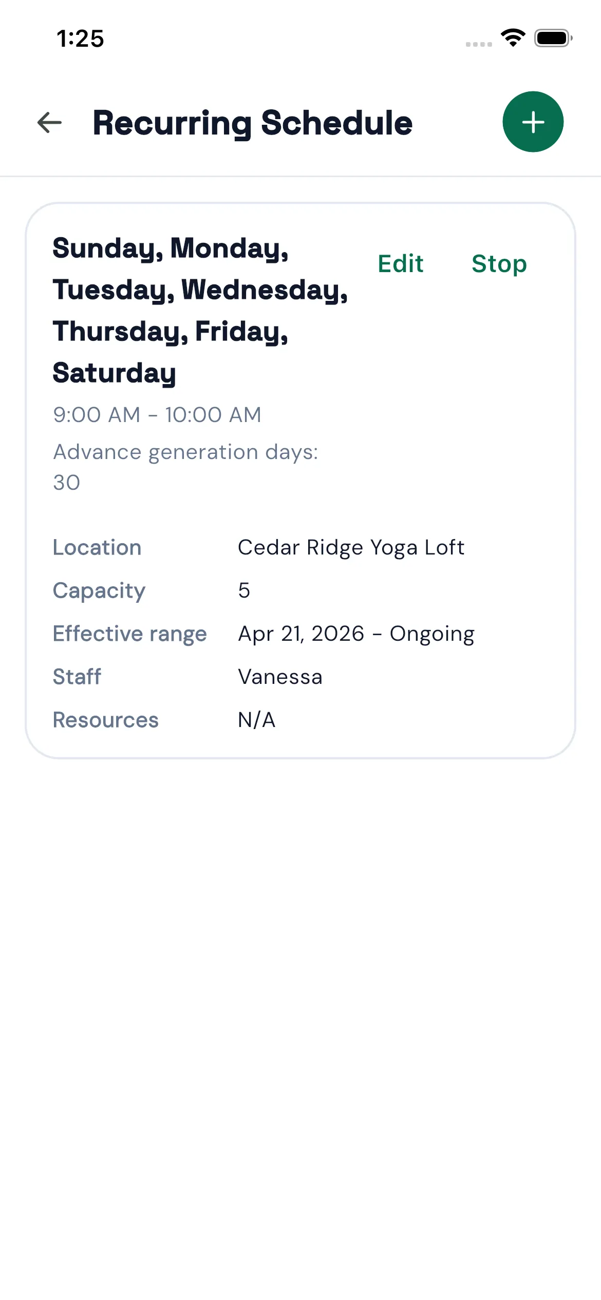 Bookjor Admin App recurring schedule setup