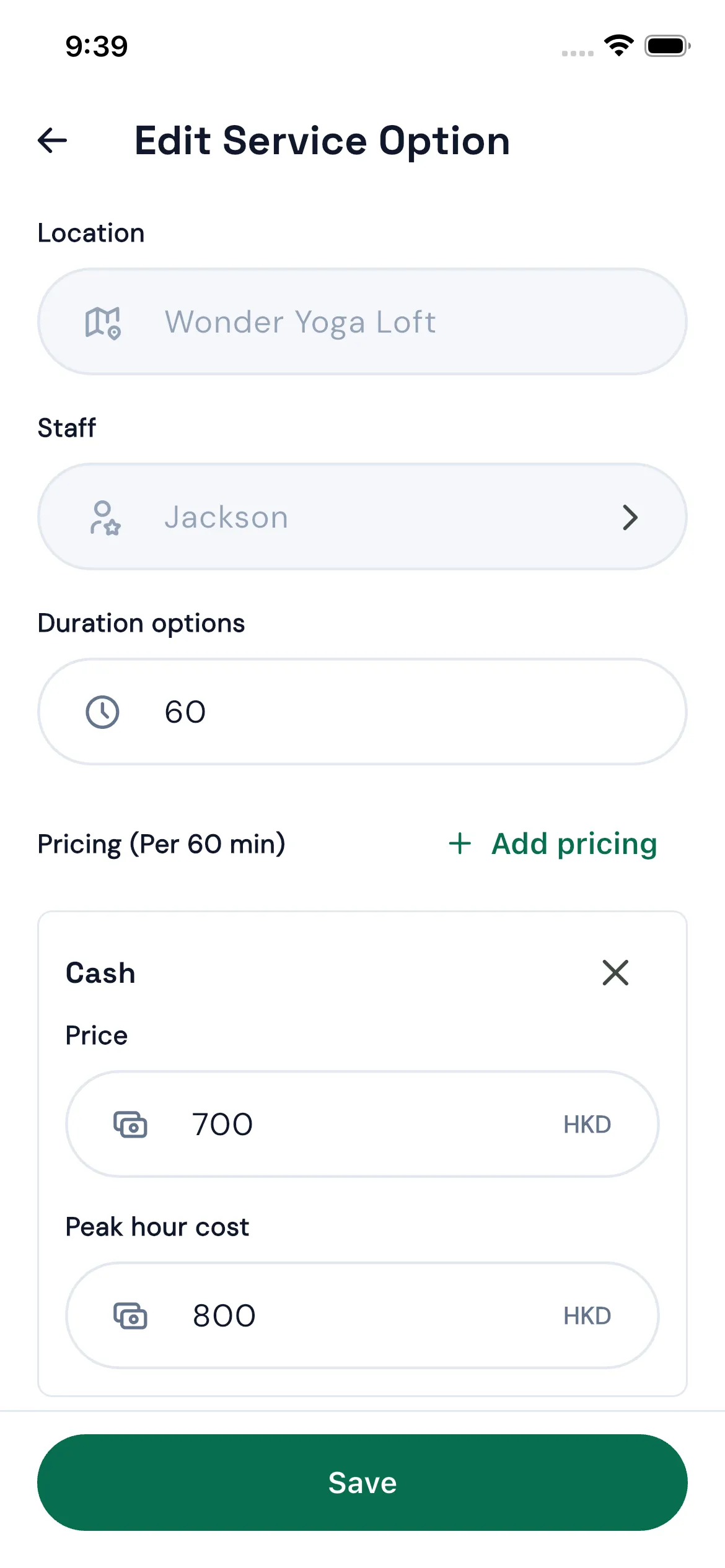 Bookjor Admin App edit service option price and peak-hour cost