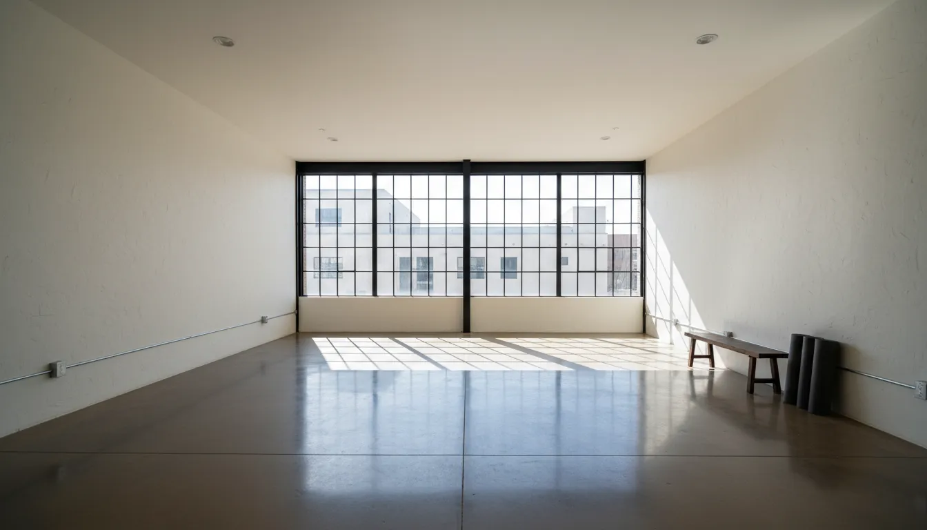 Modern empty yoga studio space ready for rental with polished floors and natural light