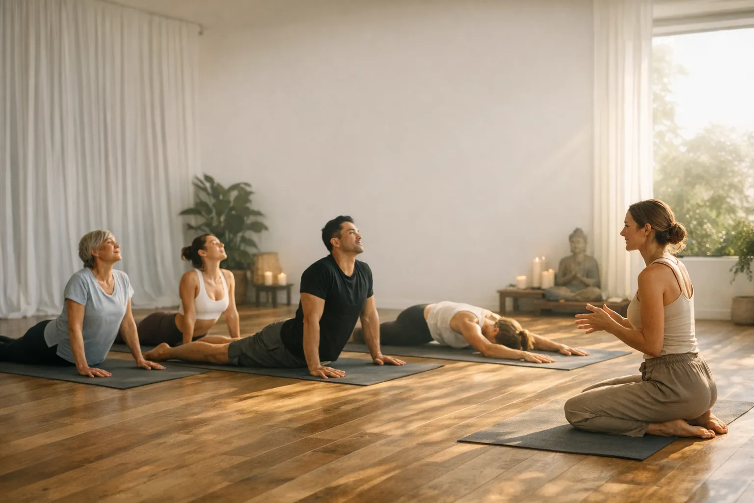 Warm yoga studio set up for group classes, private sessions, and workshops